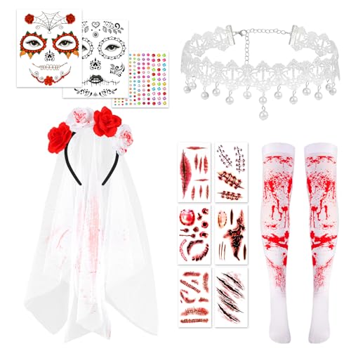 DPKOW Halloween Haarreif Schleier Tag der Toten Gesicht Tattoos Temporäre Halloween Strümpfe Halskette Wunden Kratzer Tattoos Glitzersteine Aufkleber, Halloween Kostüm Accessoires Damen Tag der Toten DPKOW Halloween Haarreif Schleier Tag der Toten Gesicht Tattoos Temporäre Halloween Strümpfe Halskette Wunden Kratzer Tattoos Glitzersteine Aufkleber, Halloween Kostüm Accessoires Damen Tag der Toten von DPKOW