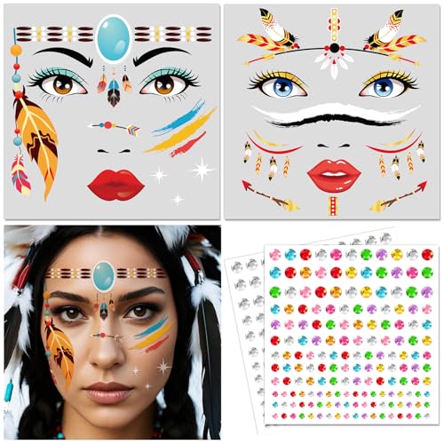 DPKOW Tattoo Gesicht Indianer Kostüm Damen Accessoires Indianer Temporäre Tattoos mit Glitzersteine Gesicht, Faschingskostüme Damen Indianer Gesichtstattoo Halloween Karneval Schminke Accessoires DPKOW Tattoo Gesicht Indianer Kostüm Damen Accessoires Indianer Temporäre Tattoos mit Glitzersteine Gesicht, Faschingskostüme Damen Indianer Gesichtstattoo Halloween Karneval Schminke Accessoires von DPKOW