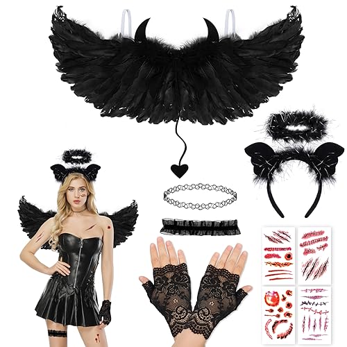 DPKOW Teufel Flügel Schwarz Teufelsohren Teufel Ohren Hearband mit Heiligenschein Teufel Flügel für Damen und Mädchen für Fasching,Mottopartys und Karneval Teufelszubehör Kostümidee Teufel Accessoire von DPKOW