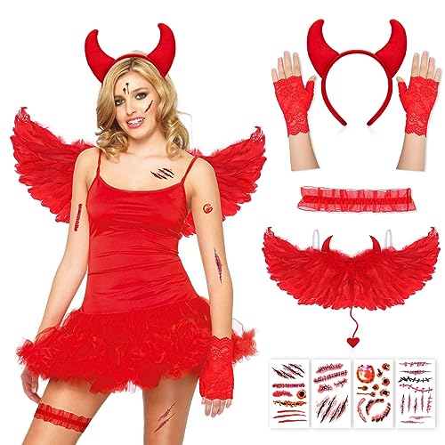 DPKOW Teufel Kostüm Damen Halloween Teufelshörner Haarreif Rot Teufel Flügel Spitzenhandschuhe und Narben Tattoos Set für Damen Halloween Kostüm Teufel Accessoire Karneval Fasching Party von DPKOW