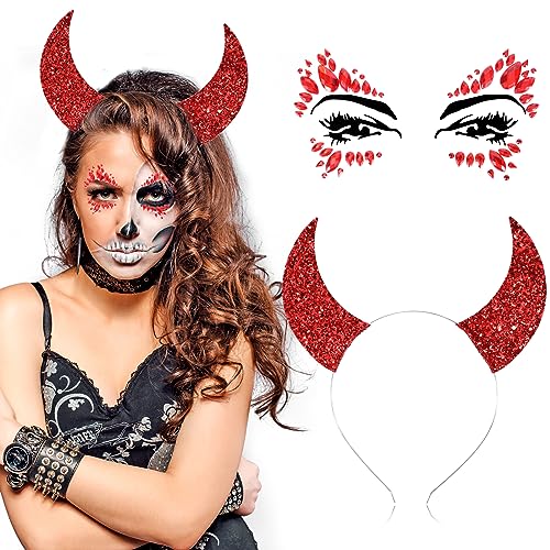 DPKOW Teufel Kostüm Damen Kinder Halloween Teufelshörner Haarreif Rot Glitzersteine Gesicht Strasssteine für Halloween Kostüm Damen Teufel Accessoire Karneval Fasching Party von DPKOW
