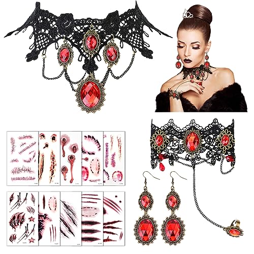DPKOW Vampir Schmuck Gothic Halloween Accessoires Damen Vampir Kette Gothic Ohrringe Armband Narben Tattoo Set für Gothic Kleidung Damen Karneval Halloween Vampir Kostüm Accessoires von DPKOW