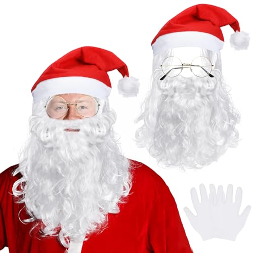 DPKOW Weihnachten Santa Kostüm Weihnachten Santa Perücke Bart Hut Brille Handschuhe für Männer Frauen Weihnachten Performance Cosplay Kostüm Foto Requisiten Party Zubehör, 6 Stück von DPKOW