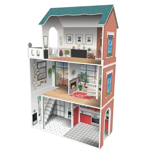 DQB DeQUBE Puppenhaus mit 3 Etagen, Design Soho-Madera mit 8 Möbeln, Größe 120 x 33 x 75 cm (913D00181) von DQB DeQUBE