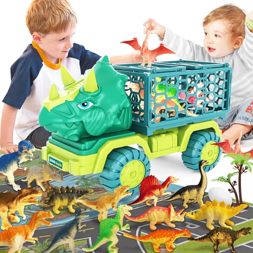 DQMOON Dinosaurier-LKW-Spielzeug für Kinder von 3–5 Jahren, Triceratops-Transportauto-Transporter, mit 15 Dino-Figuren, Aktivitäts-Spielmatte, Capture Jurassic Dinosaur Play Set für Jungen und Mädchen von DQMOON