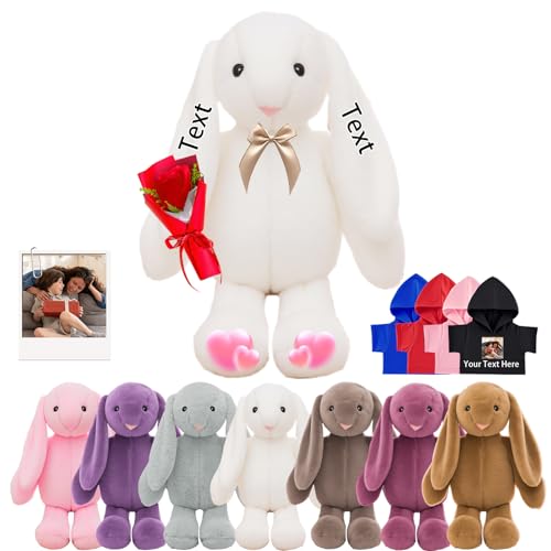 DRAJOIN Custom Bunny Plüschtier, Personalisierte Gefüllte Hase Kaninchen mit Foto Name Personalisierte Geschenke Plüschtiere für Erwachsene Kinder Erste Ostern Geschenk Geburtstagsgeschenke, 22 cm von DRAJOIN