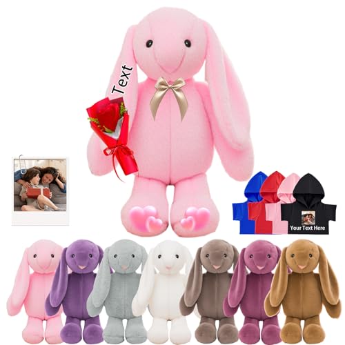 DRAJOIN Custom Bunny Plüschtier, Personalisierte Gefüllte Hase Kaninchen mit Foto Name Personalisierte Geschenke Plüschtiere für Erwachsene Kinder Erste Ostern Geschenk Geburtstagsgeschenke, 22 cm von DRAJOIN