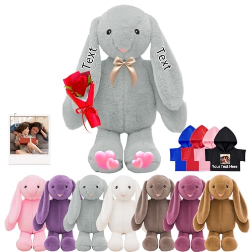 DRAJOIN Custom Bunny Plüschtier, Personalisierte Gefüllte Hase Kaninchen mit Foto Name Personalisierte Geschenke Plüschtiere für Erwachsene Kinder Erste Ostern Geschenk Geburtstagsgeschenke, 26 cm von DRAJOIN