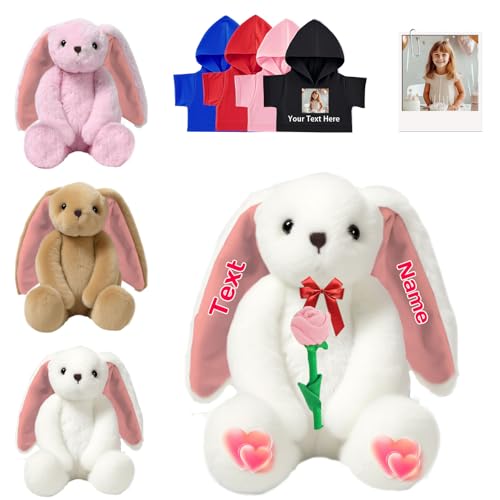 DRAJOIN Personalisierte Bunny Stofftier, Custom Stuffed Bunny Plüschtiere mit Foto Name als Personalisierte Geschenke Plüschkaninchen für Jungen Mädchen, Kinder Erste Ostergeschenk, 25cm von DRAJOIN