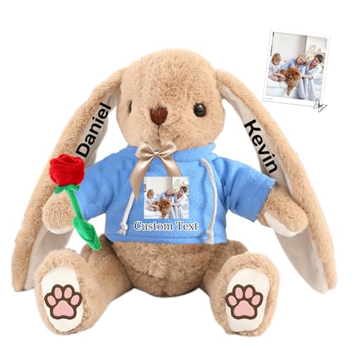 DRAJOIN Personalisierter Osterhase, Plüschkaninchen mit Namen und Foto, Personalisiertes Langohrkaninchen für Neugeborene, Babys, Kinder und Erwachsene, 23 cm von DRAJOIN