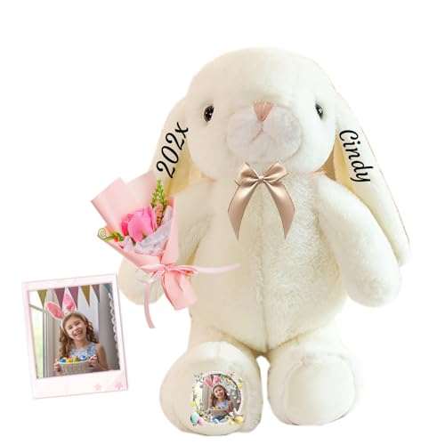 DRAJOIN Personalisierter Osterhase, Plüschtier mit Namen und Foto, Personalisiertes Plüschkaninchen für Babys, Erstes Ostergeschenk für Kinder, 32 cm von DRAJOIN