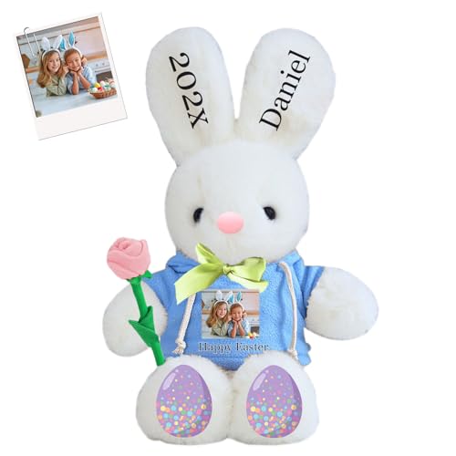 DRAJOIN Personalisierter Osterhase, Plüschtier mit Namen und Foto, Personalisiertes Plüschkaninchen für Babys, Erstes Ostergeschenk für Kinder, 40 cm von DRAJOIN