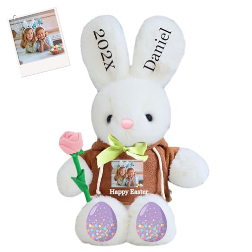 DRAJOIN Personalisierter Osterhase, Plüschtier mit Namen und Foto, Personalisiertes Plüschkaninchen für Babys, Erstes Ostergeschenk für Kinder, 40 cm von DRAJOIN