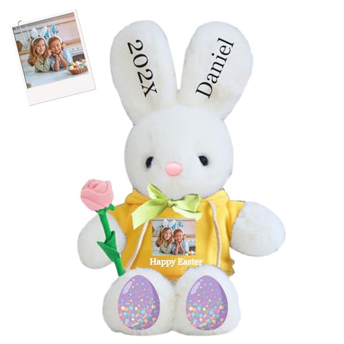 DRAJOIN Personalisierter Osterhase, Plüschtier mit Namen und Foto, Personalisiertes Plüschkaninchen für Babys, Erstes Ostergeschenk für Kinder, 40 cm von DRAJOIN