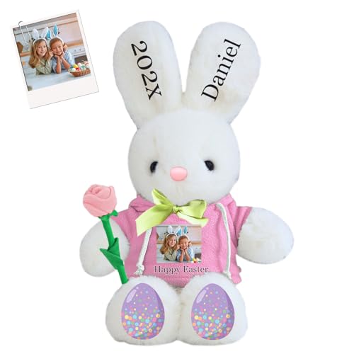 DRAJOIN Personalisierter Osterhase, Plüschtier mit Namen und Foto, Personalisiertes Plüschkaninchen für Babys, Erstes Ostergeschenk für Kinder, 40 cm von DRAJOIN