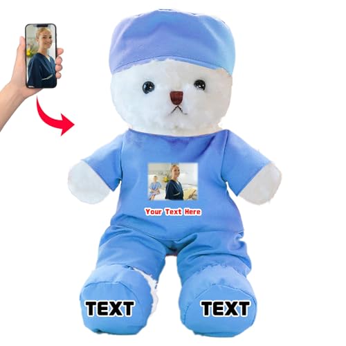 DRAJOIN Personalisierter Teddybär mit Foto Text, Kuscheltier als Geschenk für Krankenschwestern, Arztgeschenk für Männer Frauen, Personalisiertes Geschenk Medizinstudenten Abschlussgeschenk, 25cm von DRAJOIN