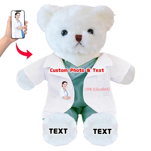 DRAJOIN Personalisierter Teddybär mit Foto Text, Kuscheltier als Geschenk für Krankenschwestern, Arztgeschenk für Männer Frauen, Personalisiertes Geschenk Medizinstudenten Abschlussgeschenk, 25cm von DRAJOIN