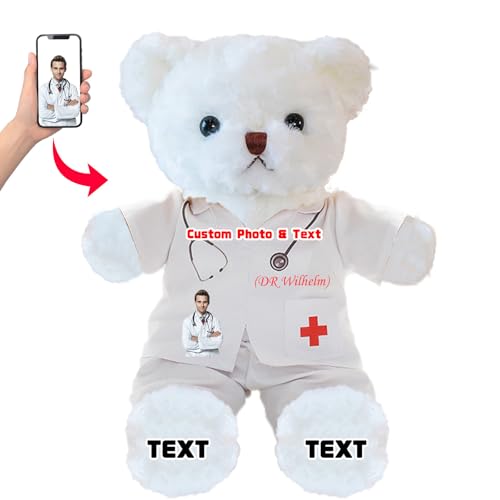 DRAJOIN Personalisierter Teddybär mit Foto Text, Kuscheltier als Geschenk für Krankenschwestern, Arztgeschenk für Männer Frauen, Personalisiertes Geschenk Medizinstudenten Abschlussgeschenk, 25cm von DRAJOIN