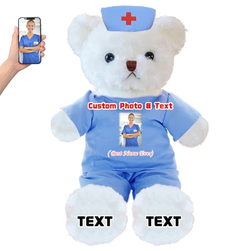 DRAJOIN Personalisierter Teddybär mit Foto Text, Kuscheltier als Geschenk für Krankenschwestern, Arztgeschenk für Männer Frauen, Personalisiertes Geschenk Medizinstudenten Abschlussgeschenk, 25cm von DRAJOIN