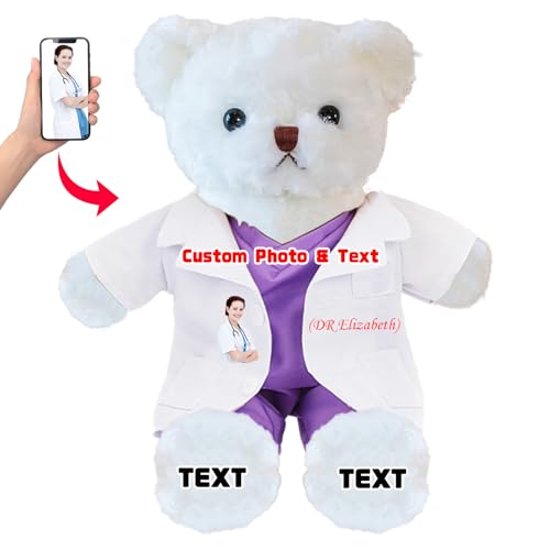 DRAJOIN Personalisierter Teddybär mit Foto Text, Kuscheltier als Geschenk für Krankenschwestern, Arztgeschenk für Männer Frauen, Personalisiertes Geschenk Medizinstudenten Abschlussgeschenk, 30cm von DRAJOIN