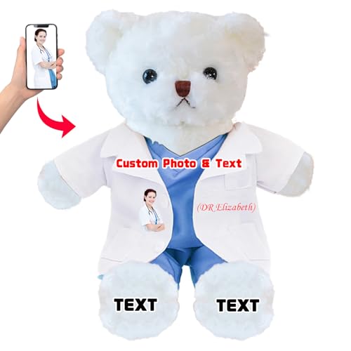 DRAJOIN Personalisierter Teddybär mit Foto Text, Kuscheltier als Geschenk für Krankenschwestern, Arztgeschenk für Männer Frauen, Personalisiertes Geschenk Medizinstudenten Abschlussgeschenk, 30cm von DRAJOIN