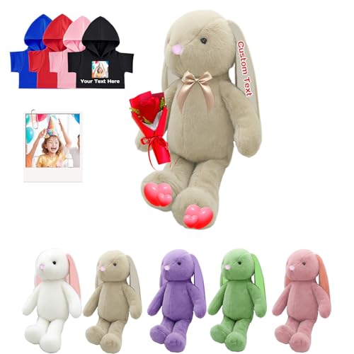 DRAJOIN Personalisiertes Plüschhase Plüschtier, Individuelles Plüschhase Plüschtier mit Foto Name als Personalisiertes Langohrhase für Baby Geschenk, Geburtstagsgeschenke für Sie Ihn, 25 cm von DRAJOIN