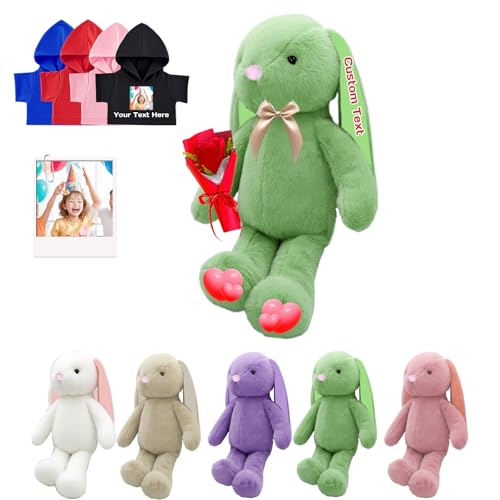 DRAJOIN Personalisiertes Plüschhase Plüschtier, Individuelles Plüschhase Plüschtier mit Foto Name als Personalisiertes Langohrhase für Baby Geschenk, Geburtstagsgeschenke für Sie Ihn, 25 cm von DRAJOIN