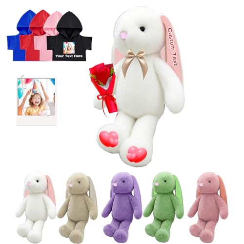 DRAJOIN Personalisiertes Plüschhase Plüschtier, Individuelles Plüschhase Plüschtier mit Foto Name als Personalisiertes Langohrhase für Baby Geschenk, Geburtstagsgeschenke für Sie Ihn, 25 cm von DRAJOIN