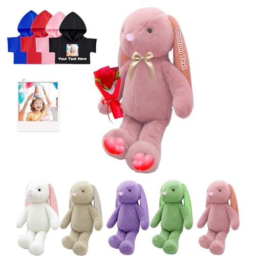 DRAJOIN Personalisiertes Plüschhase Plüschtier, Individuelles Plüschhase Plüschtier mit Foto Name als Personalisiertes Langohrhase für Baby Geschenk, Geburtstagsgeschenke für Sie Ihn, 25 cm von DRAJOIN