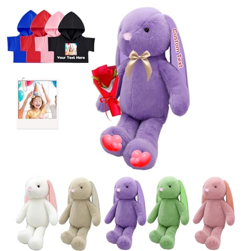 DRAJOIN Personalisiertes Plüschhase Plüschtier, Individuelles Plüschhase Plüschtier mit Foto Name als Personalisiertes Langohrhase für Baby Geschenk, Geburtstagsgeschenke für Sie Ihn, 25 cm von DRAJOIN