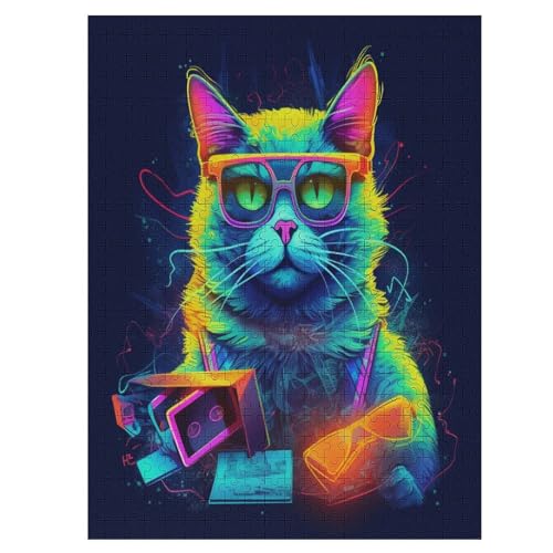 Neon Katze für Erwachsene,lustiges 500 teiliges Puzzle,Heimdekoration,Bildungsspiel,Spielzeug,Intellektuelles Spiel,Stressabbau Spielzeug,Entspannung und Intelligenz,Größe:41x55cm von DRALCO