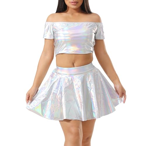 Alien Kostüm Damen Sexy Metallic Schulterfreies Oberteil Glitzer Rock Crop Weltall Kostüm Damen Body Silber Metallic Top+Mini Glitzerrock Röcke Rave Outfit Faschingskostüme Barbie Kleid Glitzerrock von DRALOFAO