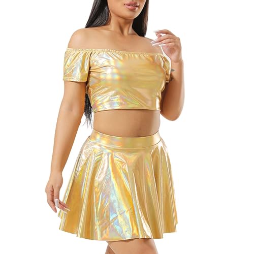 Alien Kostüm Damen Sexy Metallic Schulterfreies Oberteil Glitzer Rock Crop Weltall Kostüm Damen Body Silber Metallic Top+Mini Glitzerrock Röcke Rave Outfit Faschingskostüme Barbie Kleid Glitzerrock von DRALOFAO