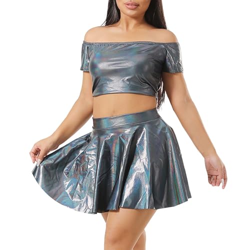 DRALOFAO Alien Kostüm Damen Sexy Metallic Schulterfreies Oberteil Glitzer Rock Crop Rock Silber Metallic Damen Top+Mini Glitzerrock Röcke Rave Outfit Faschingskostüme Damen Barbie Kleid Glitzerrock von DRALOFAO