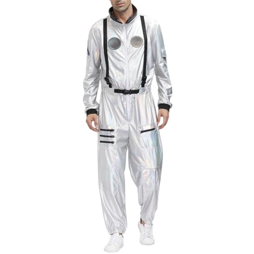 DRALOFAO Astronauten Kostüme Silber, Spaceman Kostüm Astronaut Rollenspiel Kostüm Set Frauen Mann Paar Raum Uniform Overall Halloween Jumpsuit Outfit Kostüm Cosplay Anzug （Astronaut Kostüm Herren） von DRALOFAO