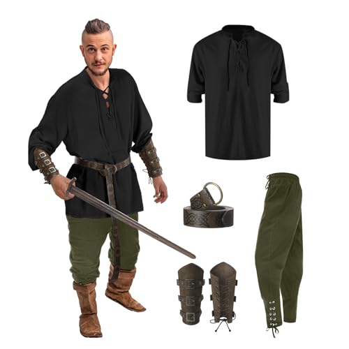 Mittelalter Kostüm Herren, Piratenkostüm Herren Mittelalter Kleidung Viking Kostüm Set - Mit Mittelalterliches Piratenhemd, Piratenhose, Gürtel, Handgelenkschützer, Seitentasche, Faschingskostüme Dres Mittelalter Kostüm Herren, Piratenkostüm Herren Mittelalter Kleidung Viking Kostüm Set - Mit Mittelalterliches Piratenhemd, Piratenhose, Gürtel, Handgelenkschützer, Seitentasche, Faschingskostüme Dres von DRALOFAO