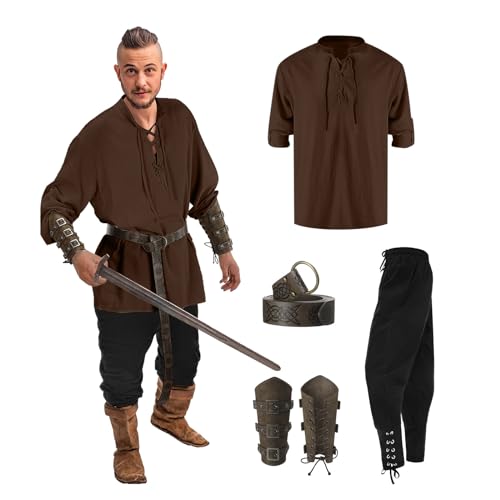 Wikinger Kleidung Herren, Piratenkostüm Herren Mittelalter Kleidung Viking Kostüm Set - Mit Mittelalterliches Piratenhemd, Piratenhose, Gürtel, Handgelenkschützer, Seitentasche, Faschingskostüme Dress Wikinger Kleidung Herren, Piratenkostüm Herren Mittelalter Kleidung Viking Kostüm Set - Mit Mittelalterliches Piratenhemd, Piratenhose, Gürtel, Handgelenkschützer, Seitentasche, Faschingskostüme Dress von DRALOFAO