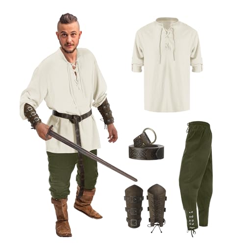 Wikinger Kleidung Herren, Piratenkostüm Herren Mittelalter Kleidung Viking Kostüm Set - Mit Mittelalterliches Piratenhemd, Piratenhose, Gürtel, Handgelenkschützer, Seitentasche, Faschingskostüme Dress Wikinger Kleidung Herren, Piratenkostüm Herren Mittelalter Kleidung Viking Kostüm Set - Mit Mittelalterliches Piratenhemd, Piratenhose, Gürtel, Handgelenkschützer, Seitentasche, Faschingskostüme Dress von DRALOFAO