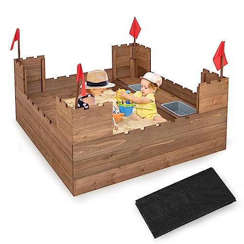 DREAMADE 116 x 113 x 75 cm Sandkasten aus Tannenholz, Stadtmauer-Sandbox mit 2 Aufbewahrungsboxen, Sitzbank, Bodenfolie & roten Fahnen, Sandkiste Sandspielschenk für Kinder ab 3 Jahren von DREAMADE