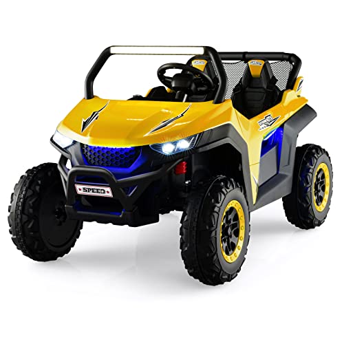 DREAMADE 12V 2 Sitzer Elektroauto für Kinder, Elektrofahrzeuge mit 2,4 Ghz Fernbedienung & Musik & Scheinwerfer & USB, Elektro Auto für Kinder ab 3 Jahren, bis zu 59 kg belastbar (Gelb) von DREAMADE