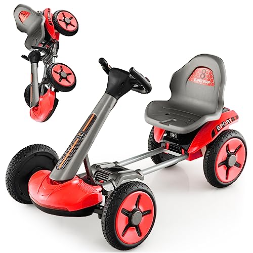 DREAMADE 12V Elektroauto Gokart mit LED-Licht & EIN-Tasten-Start-Funktion, Kinder Elektro Kart mit verstellbarem Sitz und Lenkrad, Pedal Go Cart für Kinder 2-5 Jahre alt (Rot) von DREAMADE