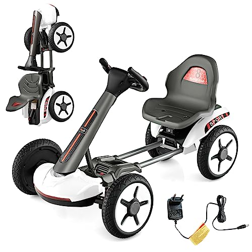 DREAMADE 12V Elektroauto Gokart mit LED-Licht & EIN-Tasten-Start-Funktion, Kinder Elektro Kart mit verstellbarem Sitz und Lenkrad, Pedal Go Cart für Kinder 2-5 Jahre alt (Weiß) von DREAMADE