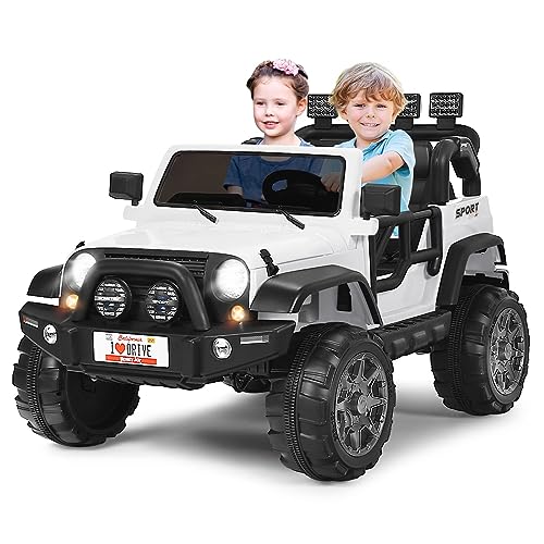 DREAMADE Elektroauto für Kinder, 2-Sitzer Kinder Elektroauto mit 2,4 Ghz Fernbedienung & LED-Licht & Musik & USB, 12V Jeep Wrangler Elektrofahrzeuge für Kinder ab 3 Jahre (Weiß) von DREAMADE