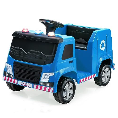 DREAMADE 12V Kinder Aufsitz Müllauto mit Sound und Warnlicht, Kinder Elektroauto mit Fernbedienung, elektrisches Kinderauto Müllwagen für Kinder 3-8 Jahren, inkl. 6 Spielzeugflaschen (Blau) von DREAMADE