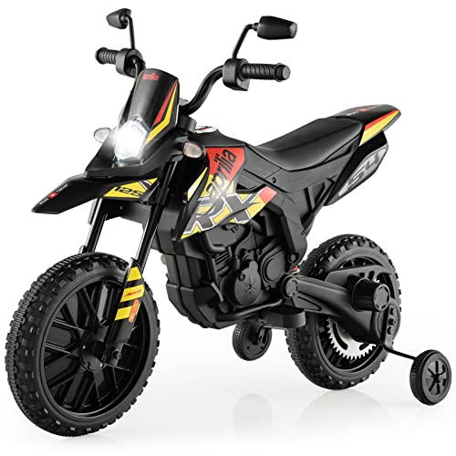 DREAMADE 12V Kinder Elektro Motorrad, 5,5-6 km/h, Aprilia Kindermotorrad mit Stützrädern & Musik & Scheinwerfer, Elektromotorrad für Kinder ab 3 Jahren, bis 30kg belastbar (Schwarz) von DREAMADE
