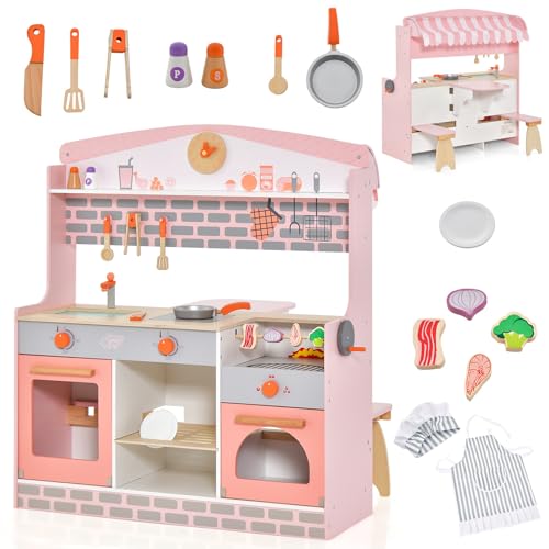 DREAMADE 2 IN 1 Kinderküche mit 16 TLG. Zubehör, doppelseitige Miniküche, Kinderspielküche mit Spülbecken Wasserhahn Backofen Herd BBQ-Grill, Spielküche aus Holz für Jungen und Mädchen ab 3 von DREAMADE