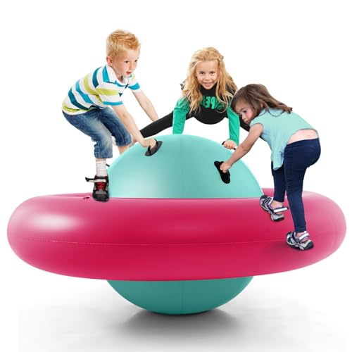 DREAMADE 233cm Kuppelwippe aufblasbar, Spielwippe mit 6 Griffen, aufblasbar Kletterkuppel für 3 Kinder ab 5 Jahren, bis zu 113kg, für Hinterhof Garten (Grün + Rosa, φ 223) von DREAMADE