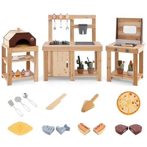 DREAMADE 3 TLG. Matschküche Kinder Outdoor mit Kindergrill und Pizzaofen, Spielküche mit Wassertank Spülbecken Herd, Kinderküche Outdoor Küche aus Tannenholz mit 14pcs Zubehör von DREAMADE