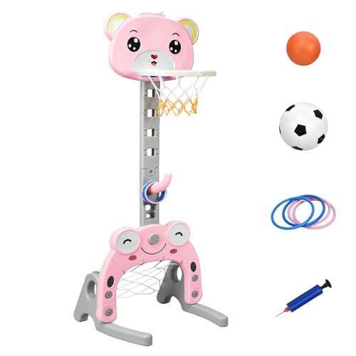 DREAMADE 3 in 1 Kinder Basketballkorb Set höhenverstellbar, Kinder Spielplatz mit Basketballkorb & Fußballtor & Wurfspiel, Basketballständer Indoor für Kinder Jungen Mädchen (Rosa) von DREAMADE