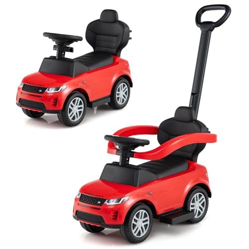 DREAMADE 3 in 1 Kinder Rutschauto, Schiebeauto mit abnehmbare Schiebestange, Kinderfahrzeug mit einziehbare Fußstütze, Kippschutz, Hupe, Stauraum, Rutschfahrzeug für Kinder ab 1 Jahr (Rot) von DREAMADE